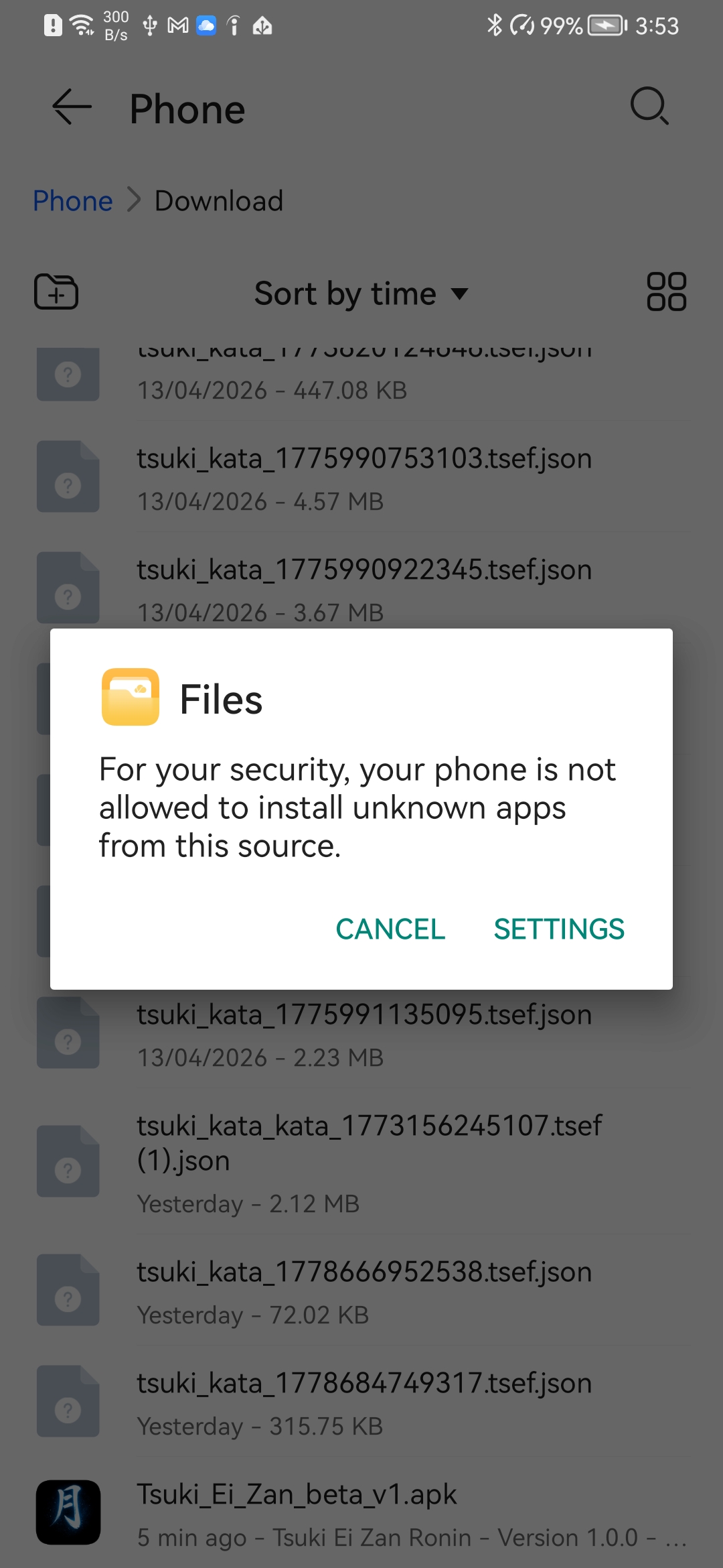 Press Settings on Android warning
